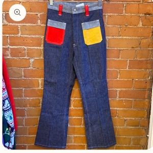 70’s denim flares with color block pockets.